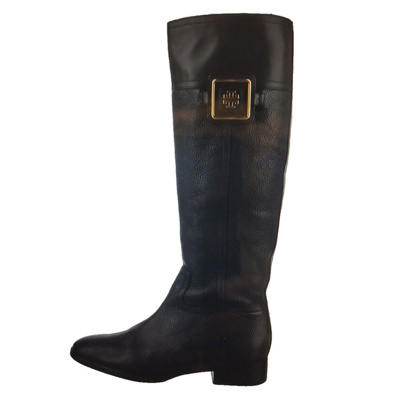 TORY BURCH Julian Black Leather Riding Boots Size 6.5 Gold Emblem EUC - Picture 1 of 8